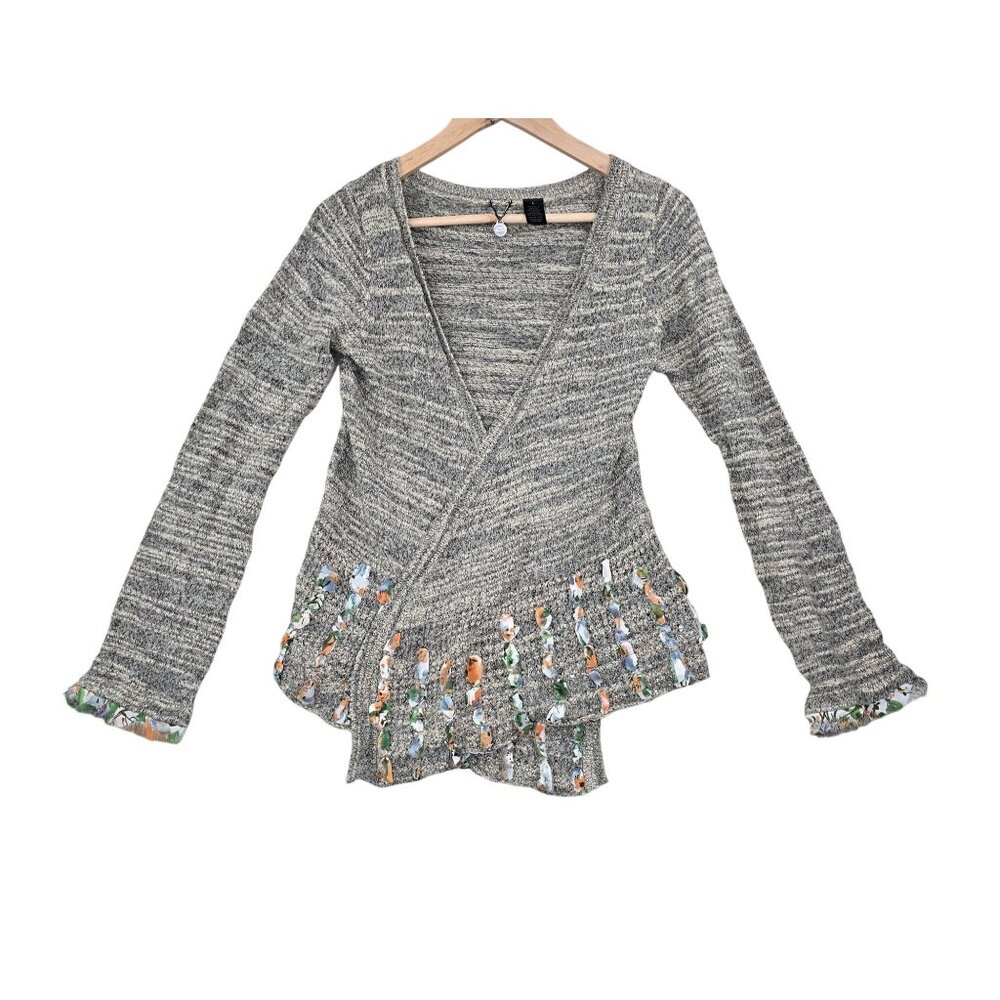 BKE Boutique Wrap-Style Tie Cardigan With Floral Accents Gray Knit Sweater